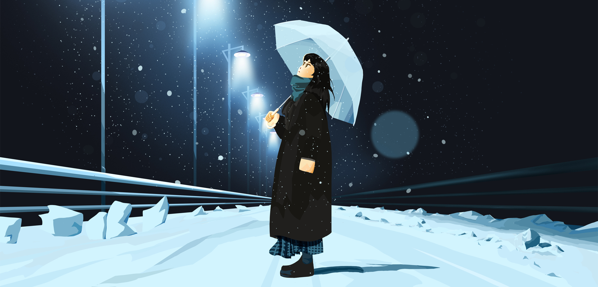 女孩撑着伞站在雪中，抬头望着路灯