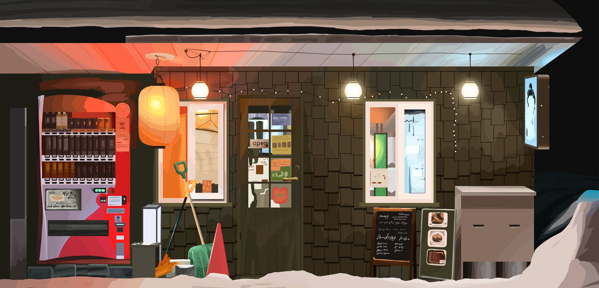 某条街道上的餐馆亮着灯还在营业